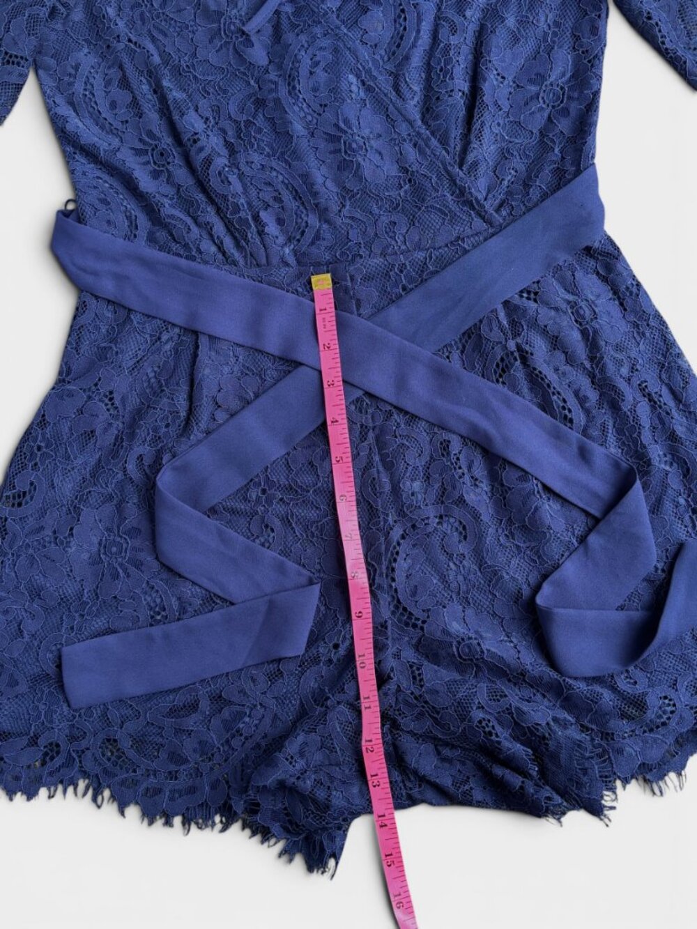 Blue Rain Navy Blue Lace Romper Wrap Front Tie Waist Flutter Sleeve Size Small - Picture 14 of 16